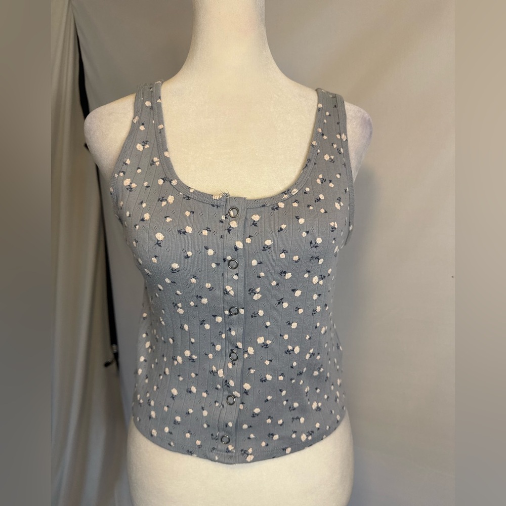 Hippie Rose Bluish-Gray Tank Top with White Mini Flower Print